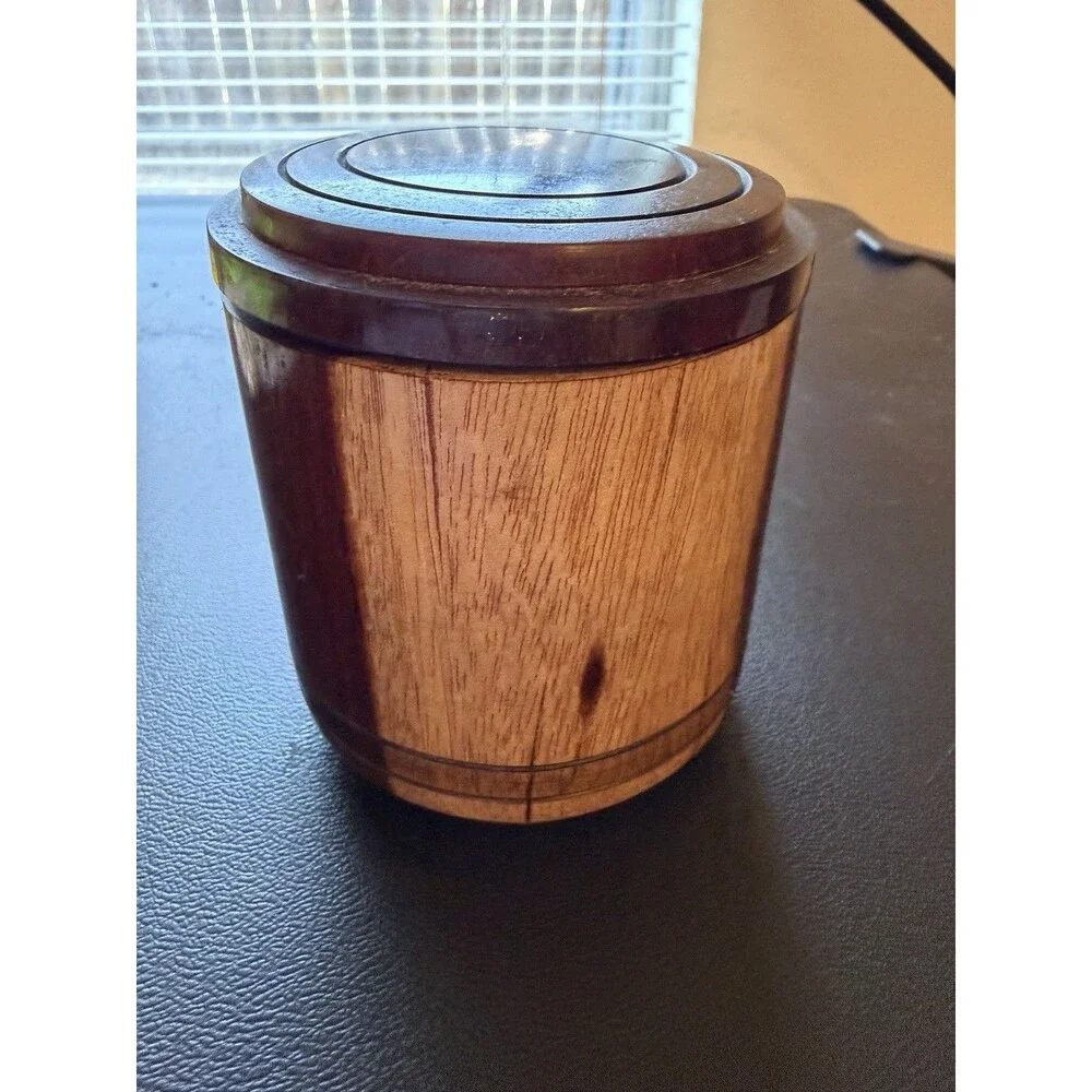 Vintage Wood Coaster Set of 5 Lidded Barrel Holder Rustic Cabin Barware Decor